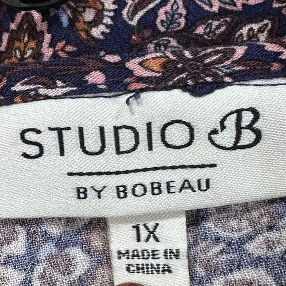 Studio B by Bobeau Shirt Plus 1X Blue Brown Pink Floral Boho Peasant Tunic Top - Picture 7 of 8